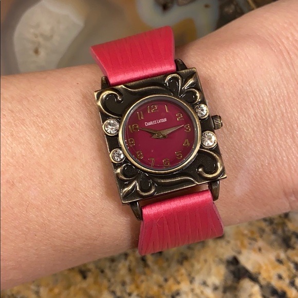 Charles Latour Accessories - Charles Latour pink w leather band watch NIB